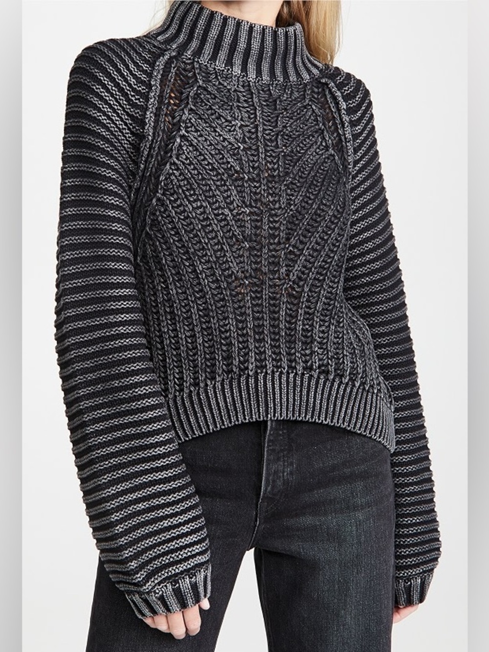 Free People Black & Gray Striped Cable Knit Sweater